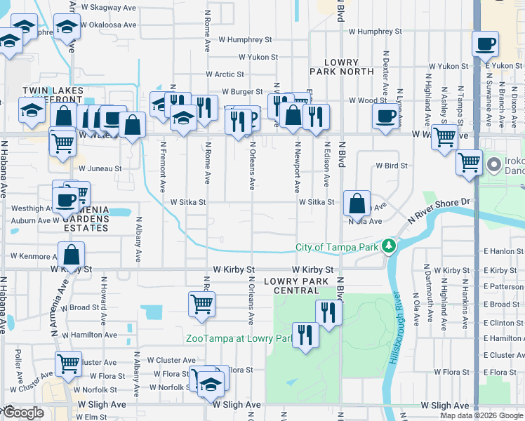 map of restaurants, bars, coffee shops, grocery stores, and more near 1316 West Sitka Street in Tampa