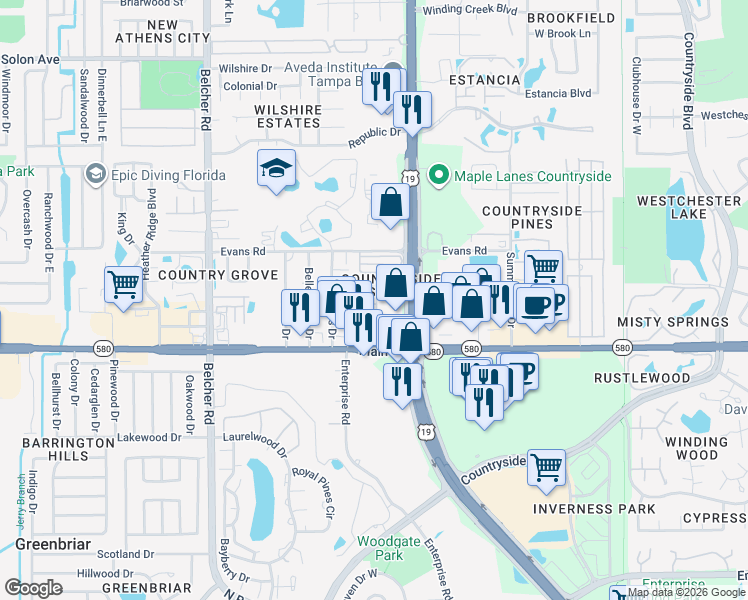 map of restaurants, bars, coffee shops, grocery stores, and more near 27466 US Highway 19 North in Clearwater