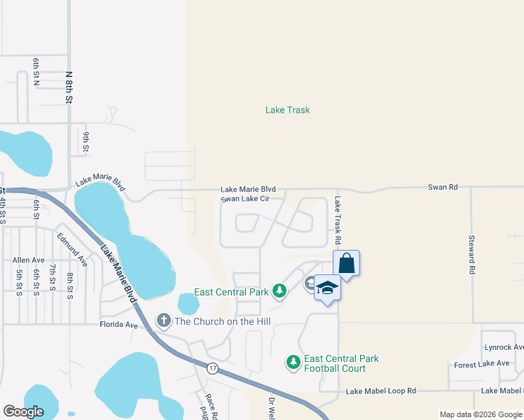 map of restaurants, bars, coffee shops, grocery stores, and more near 1612 Swan Lake Circle in Dundee