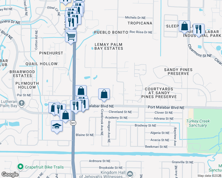 map of restaurants, bars, coffee shops, grocery stores, and more near 852 Knecht Road Northeast in Palm Bay