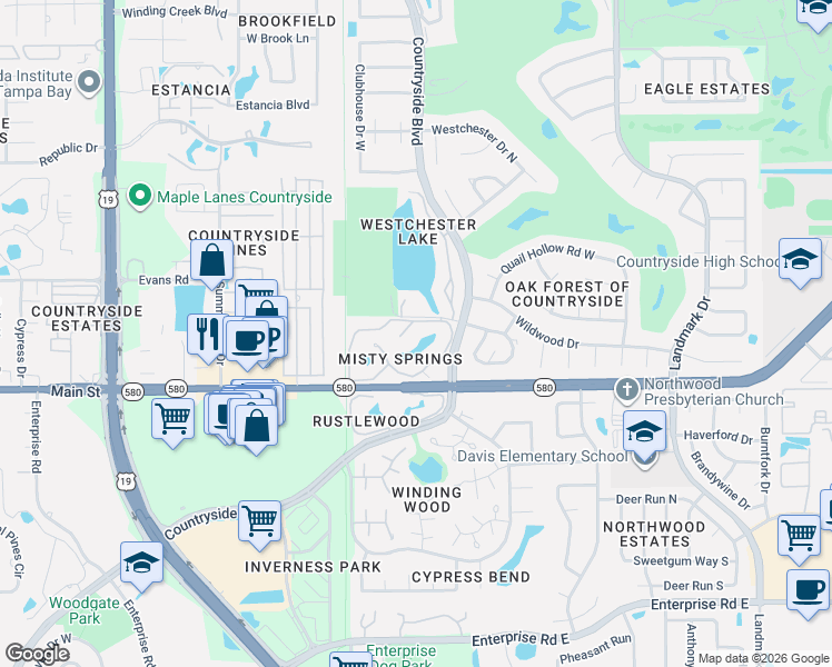 map of restaurants, bars, coffee shops, grocery stores, and more near 2673 Sabal Springs Circle in Clearwater