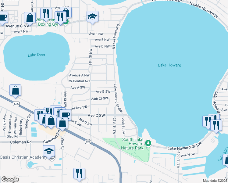 map of restaurants, bars, coffee shops, grocery stores, and more near 2217 Ave B SW in Winter Haven