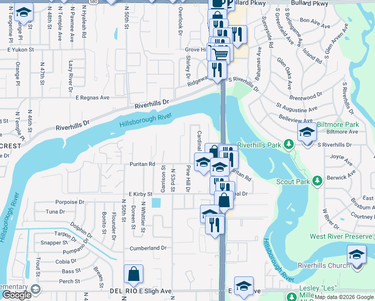 map of restaurants, bars, coffee shops, grocery stores, and more near 8008 Pine Hill Drive in Tampa