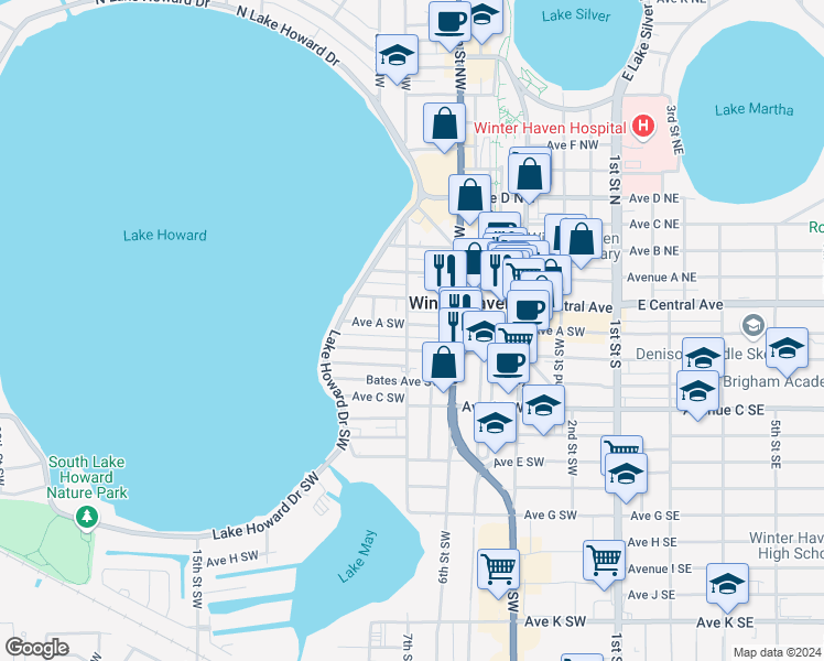 map of restaurants, bars, coffee shops, grocery stores, and more near 659 Avenue A Southwest in Winter Haven