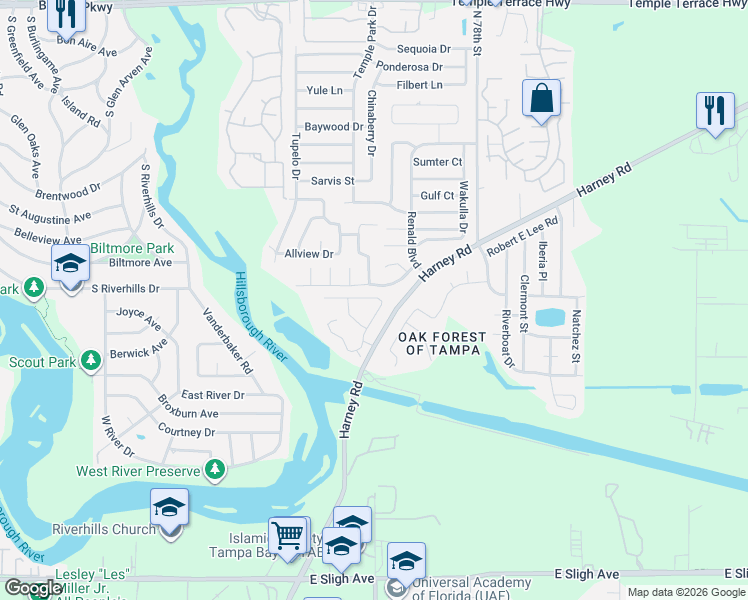 map of restaurants, bars, coffee shops, grocery stores, and more near 7502 Harney Road in Tampa