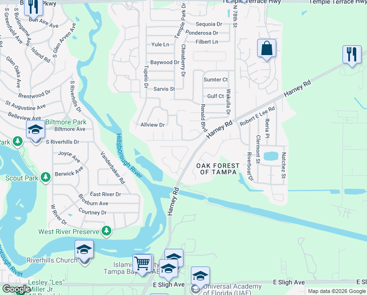 map of restaurants, bars, coffee shops, grocery stores, and more near 7547 Terrace River Drive in Tampa