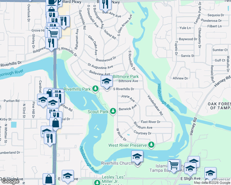 map of restaurants, bars, coffee shops, grocery stores, and more near 417 South Riverhills Drive in Tampa