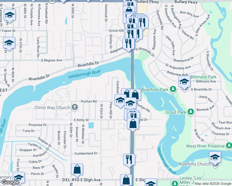 map of restaurants, bars, coffee shops, grocery stores, and more near 8009 Cardinal Drive in Tampa