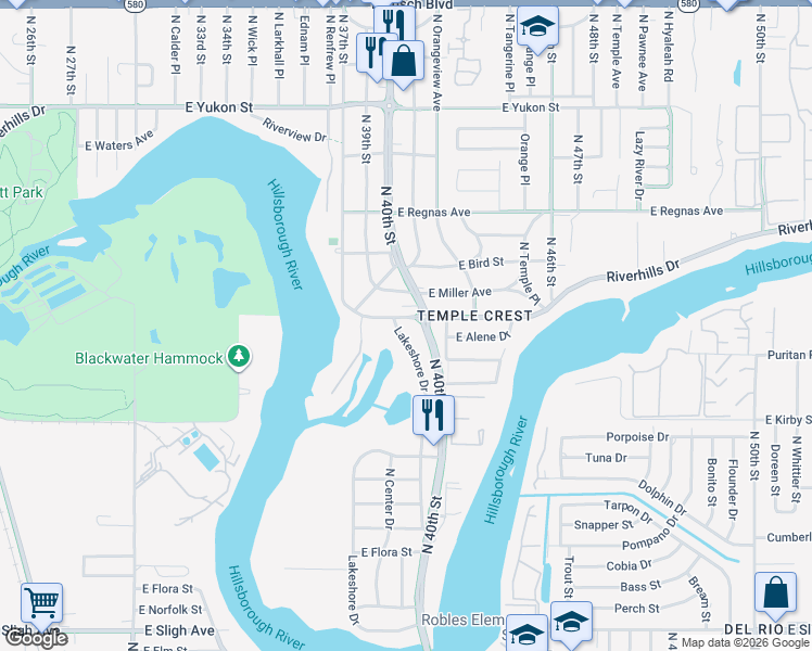map of restaurants, bars, coffee shops, grocery stores, and more near 3819 Riverhills Drive in Tampa
