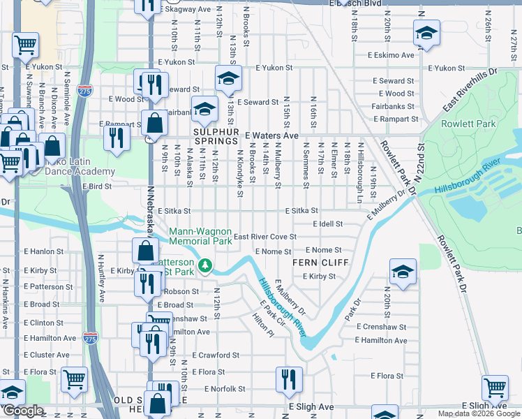 map of restaurants, bars, coffee shops, grocery stores, and more near 8104 North 14th Street in Tampa