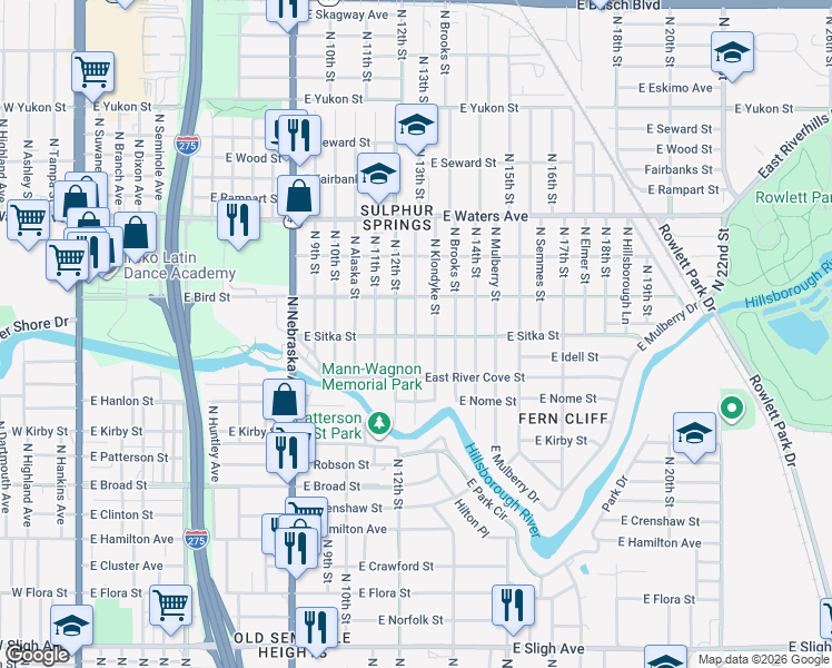 map of restaurants, bars, coffee shops, grocery stores, and more near 8104 North Klondyke Street in Tampa