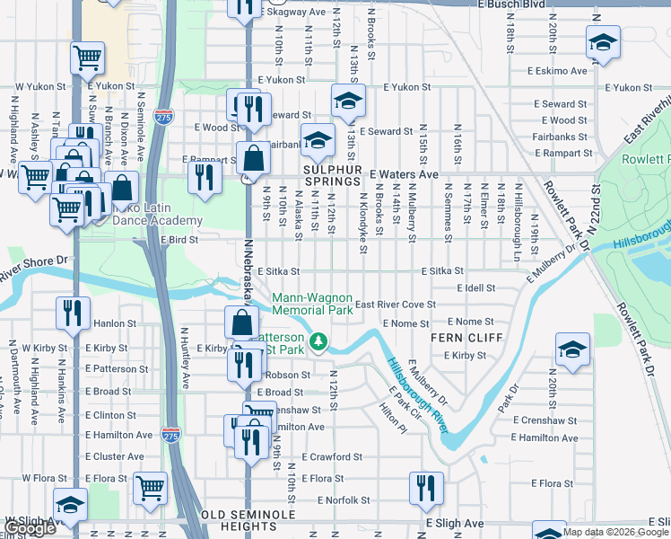 map of restaurants, bars, coffee shops, grocery stores, and more near 8104 North 12th Street in Tampa