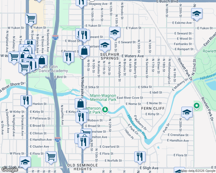 map of restaurants, bars, coffee shops, grocery stores, and more near 8104 North 12th Street in Tampa