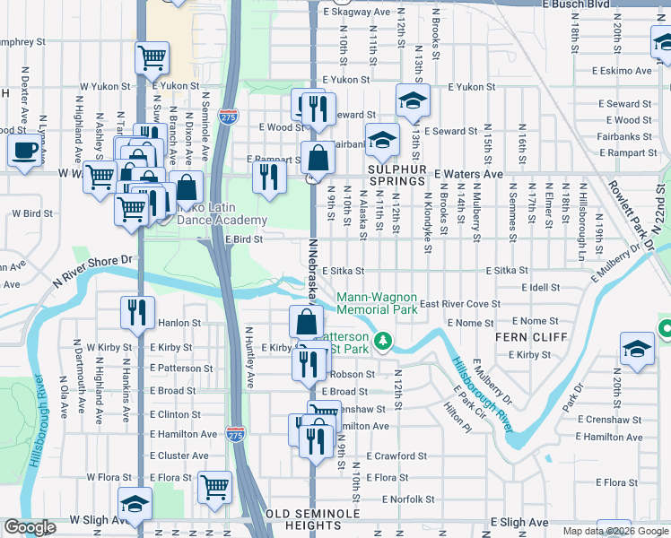 map of restaurants, bars, coffee shops, grocery stores, and more near 8104 North 9th Street in Tampa