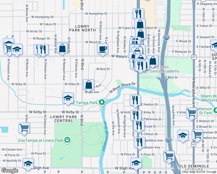 map of restaurants, bars, coffee shops, grocery stores, and more near 8103 North Ola Avenue in Tampa