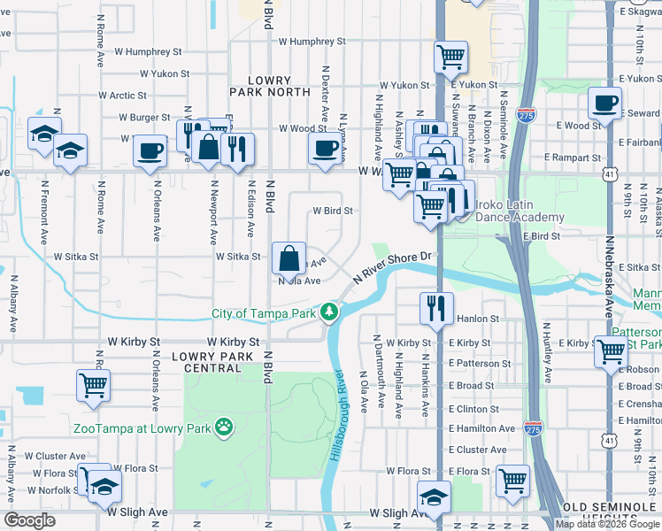 map of restaurants, bars, coffee shops, grocery stores, and more near 8020 North Lynn Avenue in Tampa