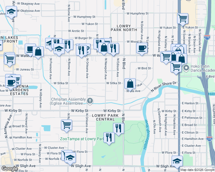 map of restaurants, bars, coffee shops, grocery stores, and more near 8029 North Newport Avenue in Tampa