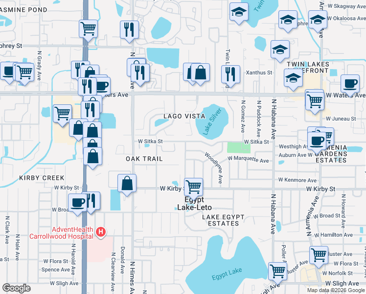 map of restaurants, bars, coffee shops, grocery stores, and more near 3320 West Sitka Street in Tampa