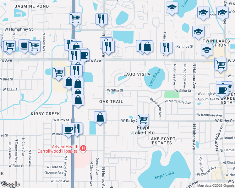 map of restaurants, bars, coffee shops, grocery stores, and more near 3402 Hunters Run Lane in Tampa