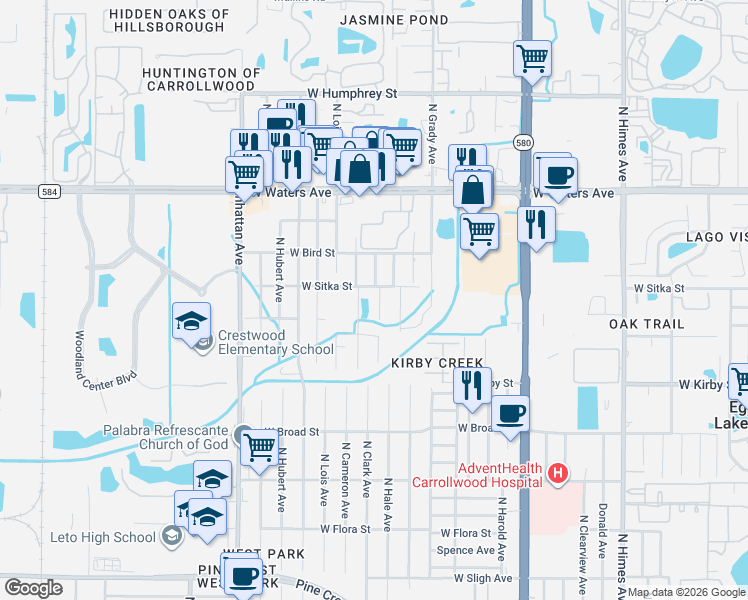 map of restaurants, bars, coffee shops, grocery stores, and more near 4106 West Sitka Street in Tampa