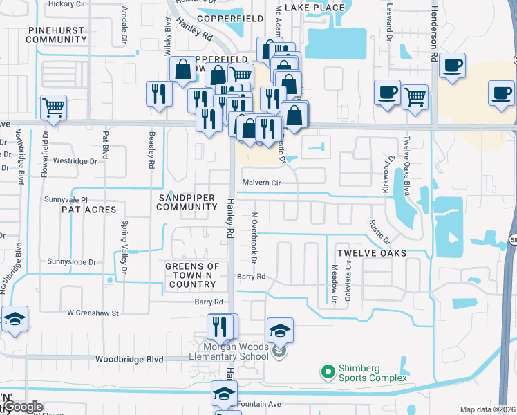 map of restaurants, bars, coffee shops, grocery stores, and more near 7526 Twelve Oaks Boulevard in Tampa