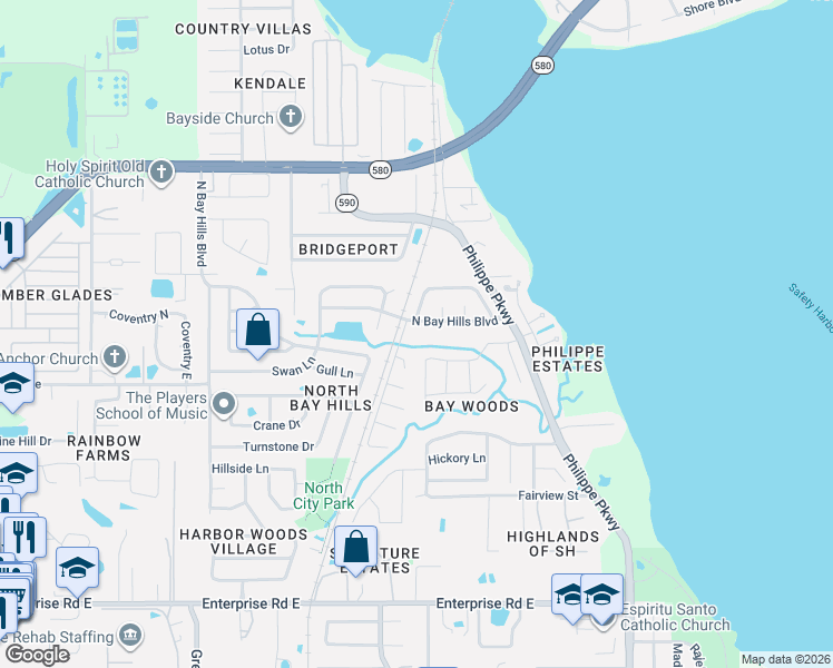 map of restaurants, bars, coffee shops, grocery stores, and more near 129 North Bay Hills Boulevard in Safety Harbor