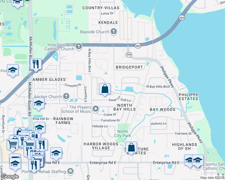 map of restaurants, bars, coffee shops, grocery stores, and more near 311 North Bay Hills Boulevard in Safety Harbor