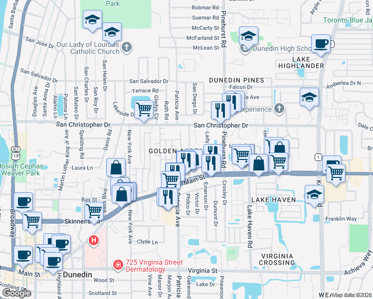 map of restaurants, bars, coffee shops, grocery stores, and more near 1325 Robin Hood Lane in Dunedin