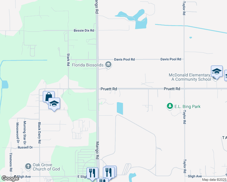 map of restaurants, bars, coffee shops, grocery stores, and more near 11717 Pruett Road in Seffner