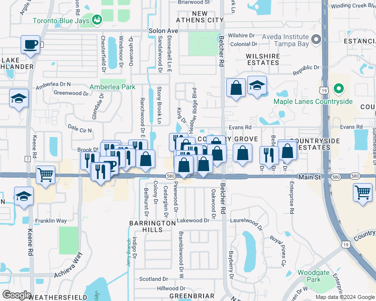 map of restaurants, bars, coffee shops, grocery stores, and more near 1370 Heather Ridge Boulevard in Dunedin