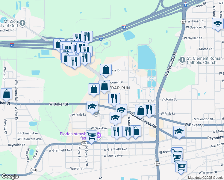 map of restaurants, bars, coffee shops, grocery stores, and more near 2017 Cedar Run Drive in Plant City