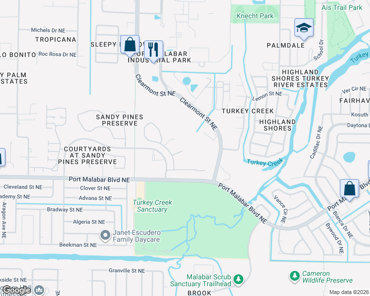 map of restaurants, bars, coffee shops, grocery stores, and more near 2391 White Sands Court Northeast in Palm Bay
