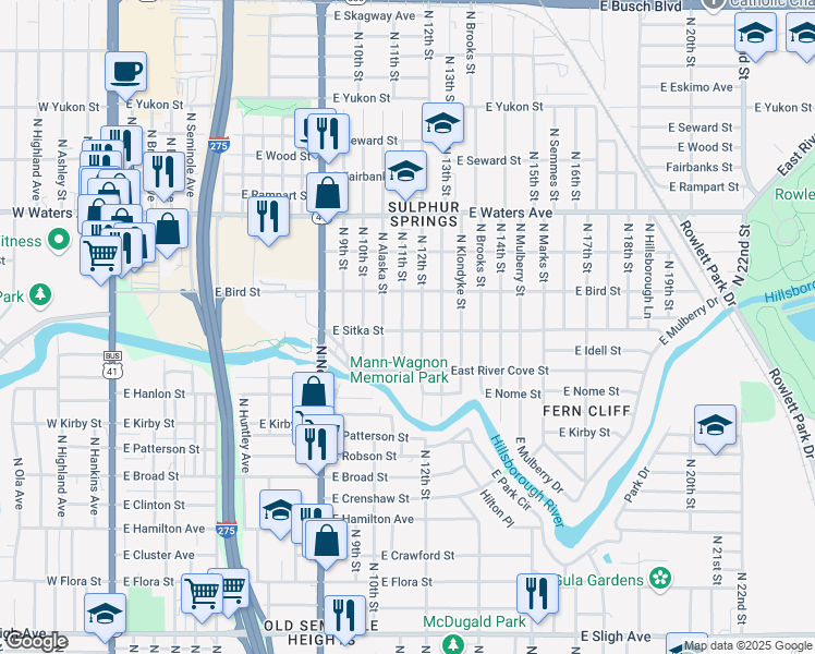 map of restaurants, bars, coffee shops, grocery stores, and more near 1102 East Sitka Street in Tampa
