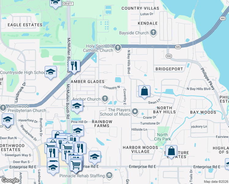 map of restaurants, bars, coffee shops, grocery stores, and more near 3119 Coventry Lane in Safety Harbor