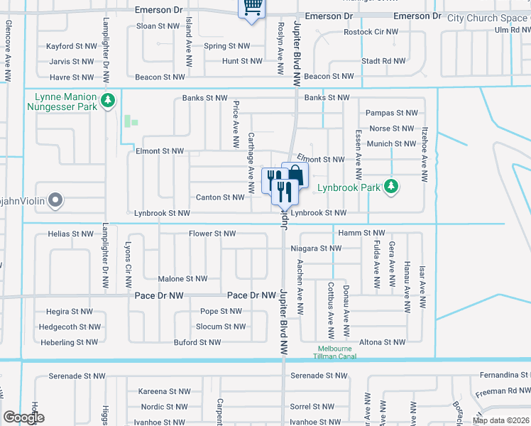 map of restaurants, bars, coffee shops, grocery stores, and more near 952 Lynbrook Street Northwest in Palm Bay
