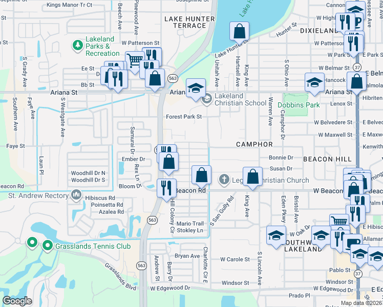 map of restaurants, bars, coffee shops, grocery stores, and more near 185 Calamondin Street in Lakeland