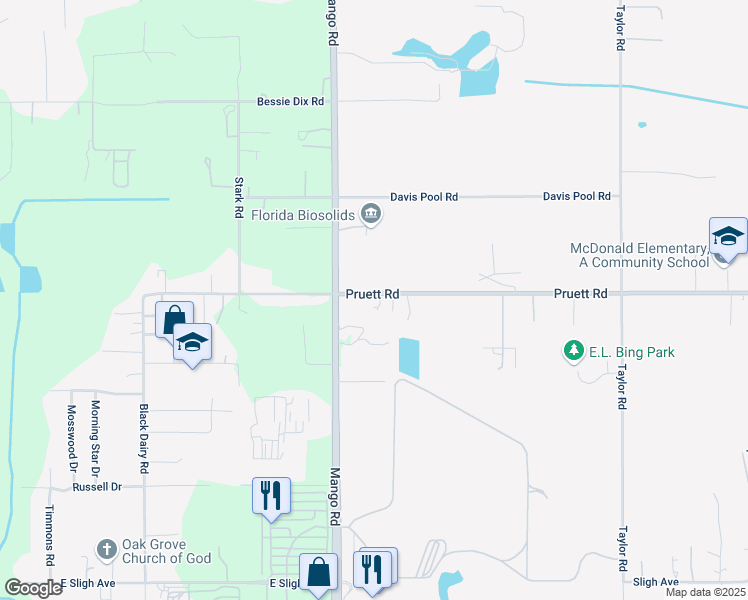 map of restaurants, bars, coffee shops, grocery stores, and more near 11717 Pruett Road in Seffner