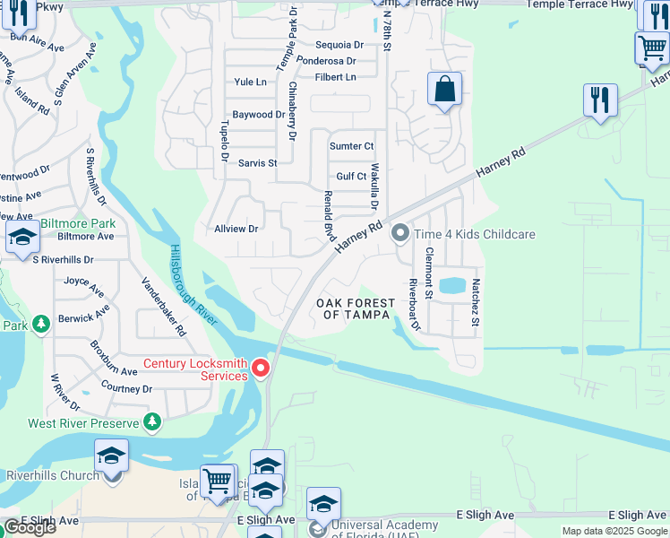 map of restaurants, bars, coffee shops, grocery stores, and more near 7405 Harney Road in Tampa