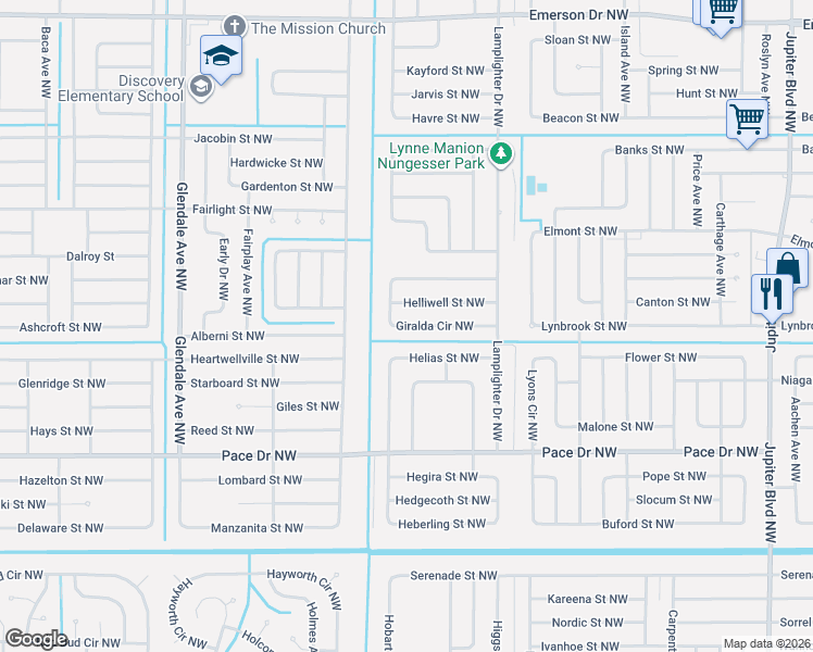 map of restaurants, bars, coffee shops, grocery stores, and more near 1259 Giralda Circle Northwest in Palm Bay