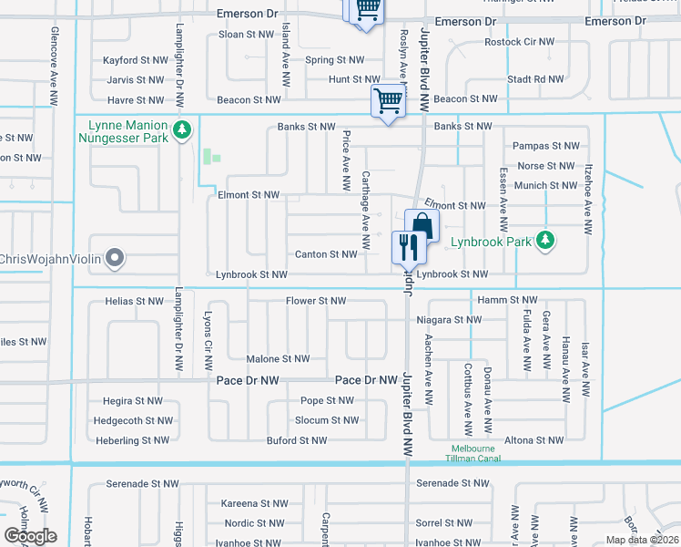 map of restaurants, bars, coffee shops, grocery stores, and more near 1029 Lynbrook Street Northwest in Palm Bay