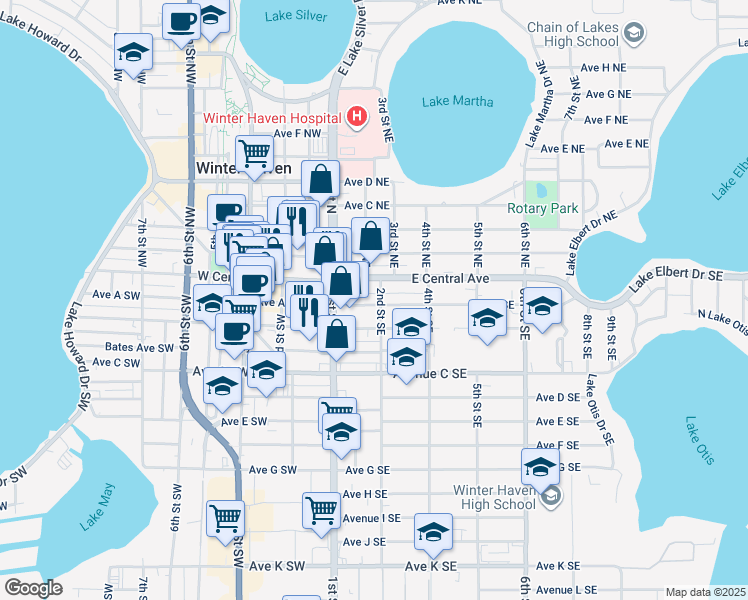 map of restaurants, bars, coffee shops, grocery stores, and more near 163 Avenue A Southeast in Winter Haven