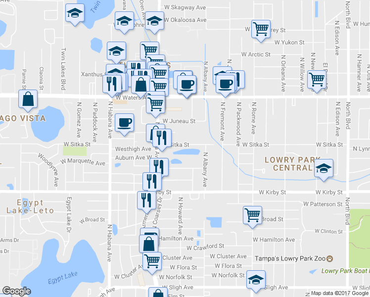 map of restaurants, bars, coffee shops, grocery stores, and more near 2022 West Sitka Street in Tampa