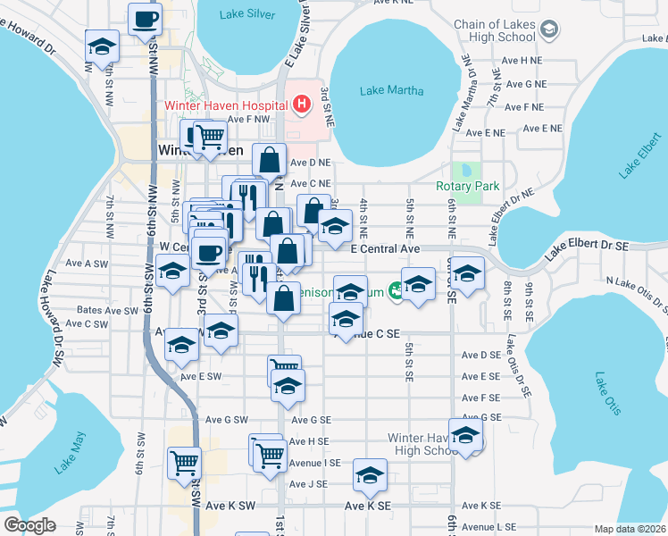 map of restaurants, bars, coffee shops, grocery stores, and more near 50 2nd Street Southeast in Winter Haven