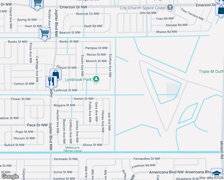 map of restaurants, bars, coffee shops, grocery stores, and more near 905 Itzehoe Ave NW in Palm Bay