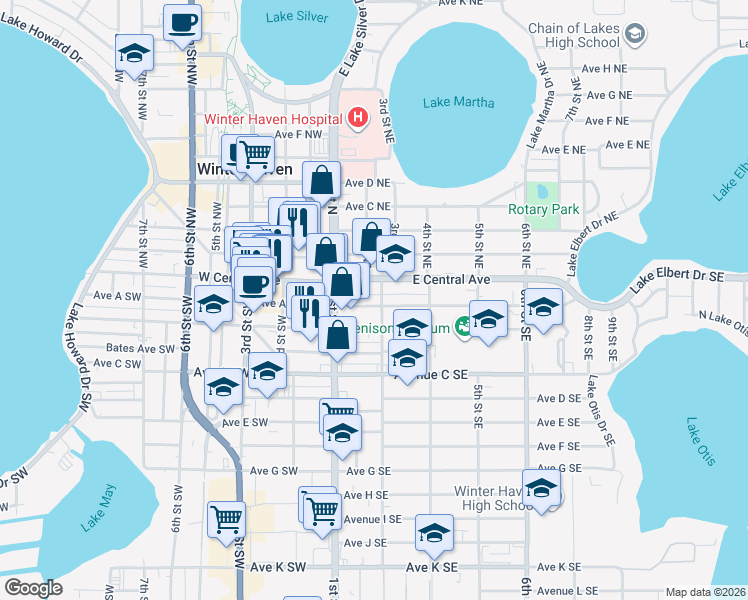 map of restaurants, bars, coffee shops, grocery stores, and more near 50 2nd Street Southeast in Winter Haven
