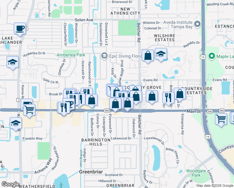 map of restaurants, bars, coffee shops, grocery stores, and more near 1375 Doolittle Drive in Dunedin