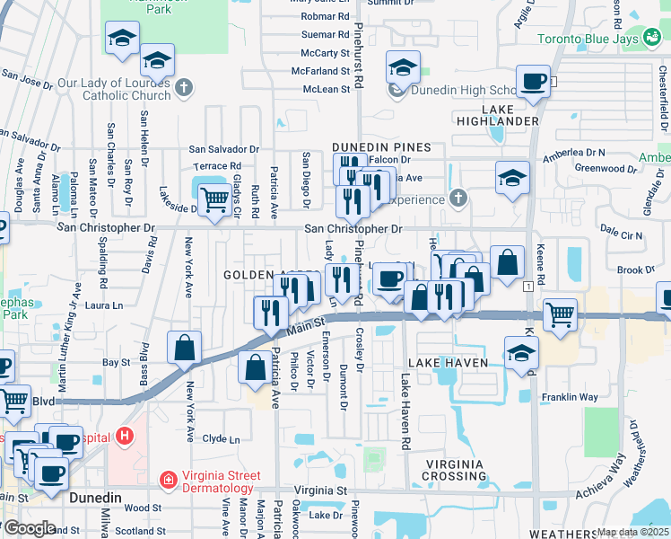 map of restaurants, bars, coffee shops, grocery stores, and more near 1323 Lady Marion Lane in Dunedin
