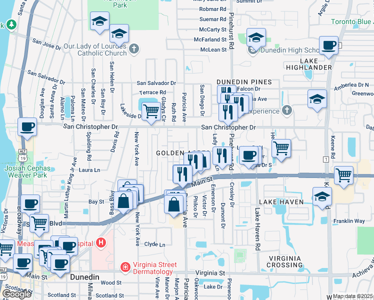 map of restaurants, bars, coffee shops, grocery stores, and more near 81 3rd Street in Dunedin