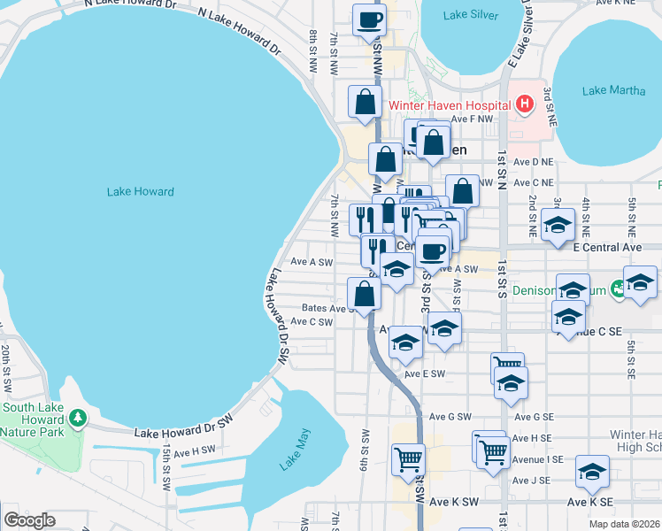 map of restaurants, bars, coffee shops, grocery stores, and more near 659 Avenue A Southwest in Winter Haven