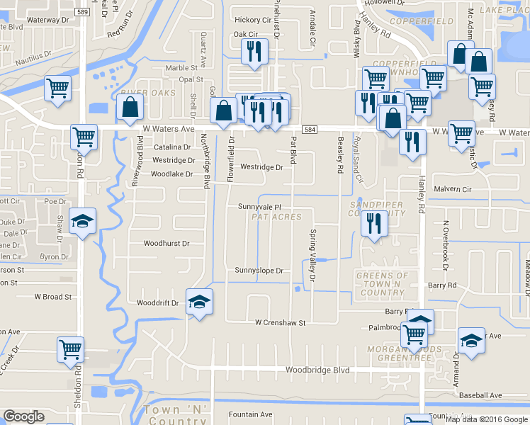 map of restaurants, bars, coffee shops, grocery stores, and more near 7920 Meadowcroft Place in Tampa